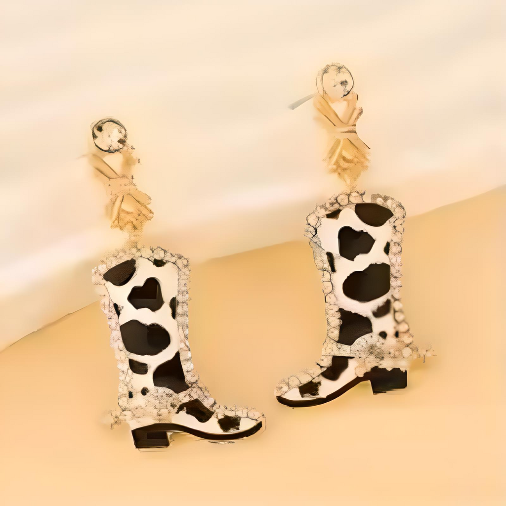 "Moo Boot Earrings – Trendy Cow-Print Cowboy Boot Earrings | Lightweight & Stylish Western Jewelry | Perfect for Cowgirls & Country Fashion | Shop Now!"