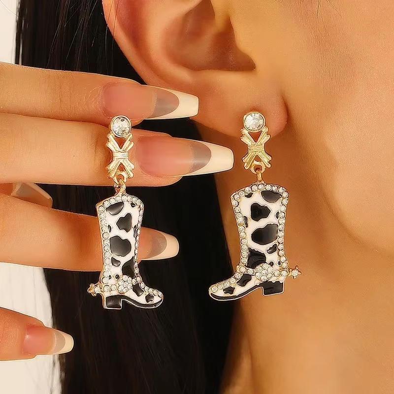 "Moo Boot Earrings – Trendy Cow-Print Cowboy Boot Earrings | Lightweight & Stylish Western Jewelry | Perfect for Cowgirls & Country Fashion | Shop Now!"