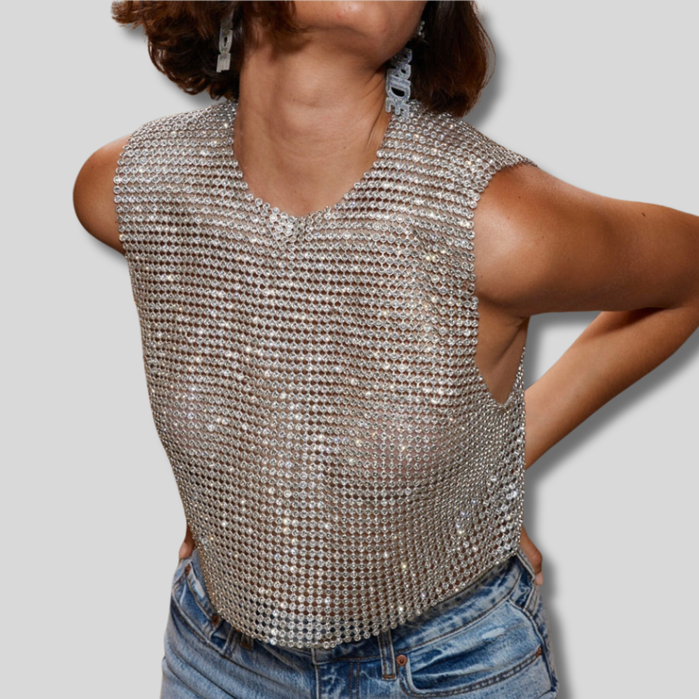 "Rhinestone backless tank top - glamorous sleeveless crop top with sparkling rhinestone details, perfect for party and night-out outfits."