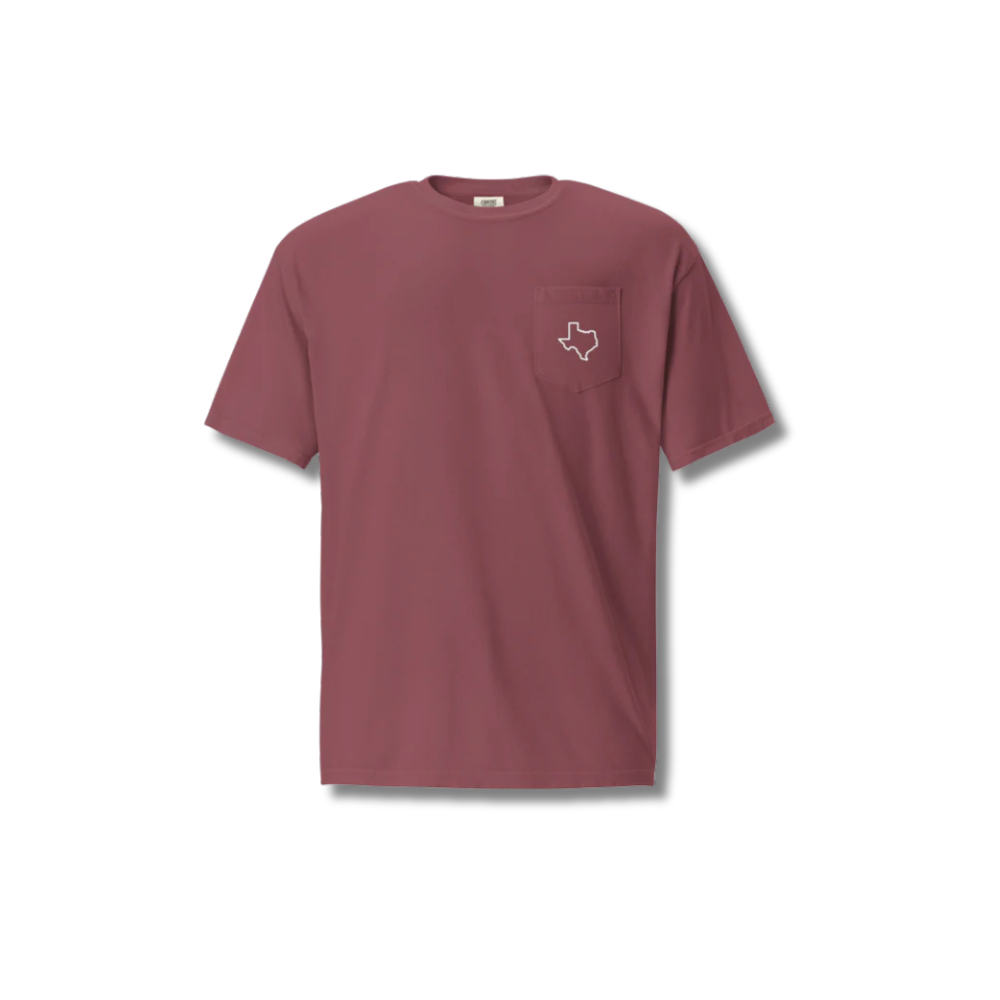 "Texas Pocket Tee – Classic comfort with a sleek Texas outline design, perfect for everyday wear."