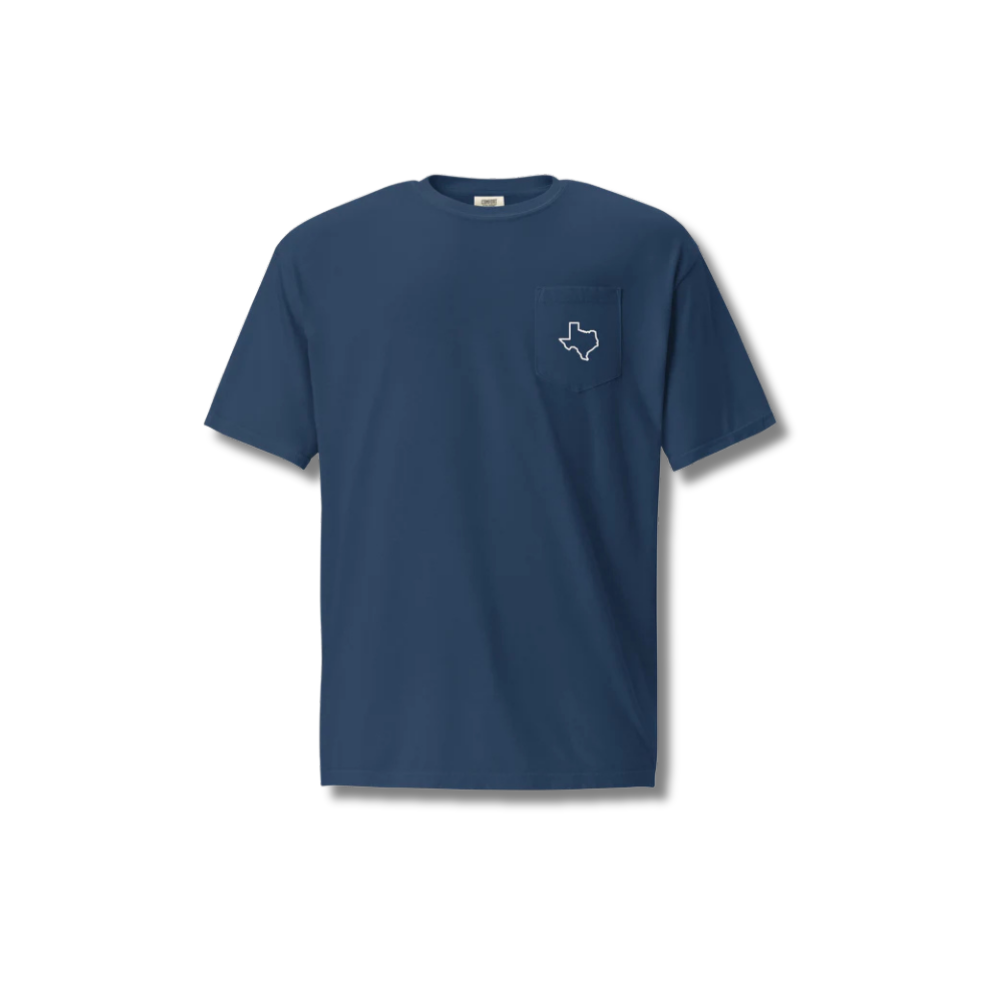 "Texas Pocket Tee – Classic comfort with a sleek Texas outline design, perfect for everyday wear."