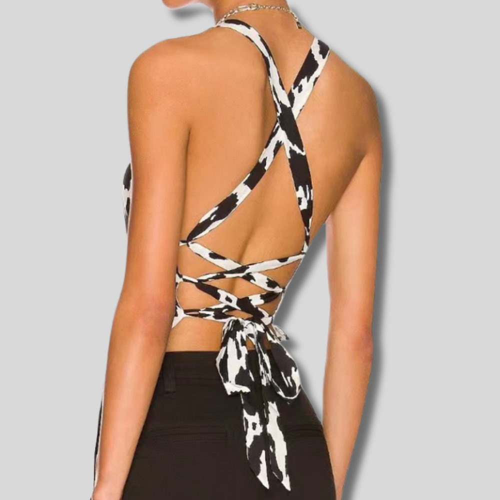 "Trendy backless hanging top with stylish tie-up design, perfect for casual and party wear."