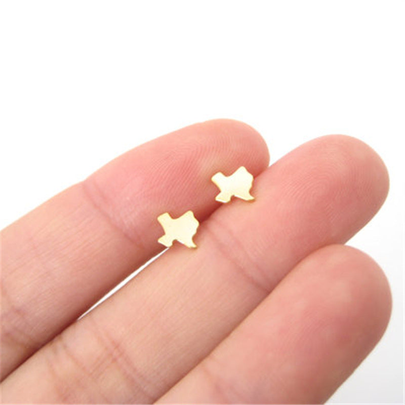 Gold Texas state-shaped stud earrings, minimalist lightweight jewelry for everyday wear.