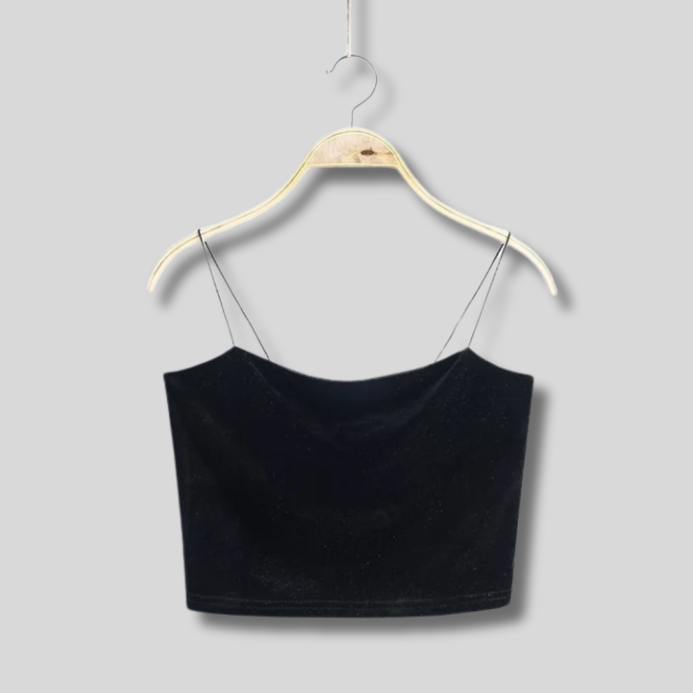 "Stylish pink velvet cropped tank top with delicate spaghetti straps – soft, trendy, and perfect for any occasion."
