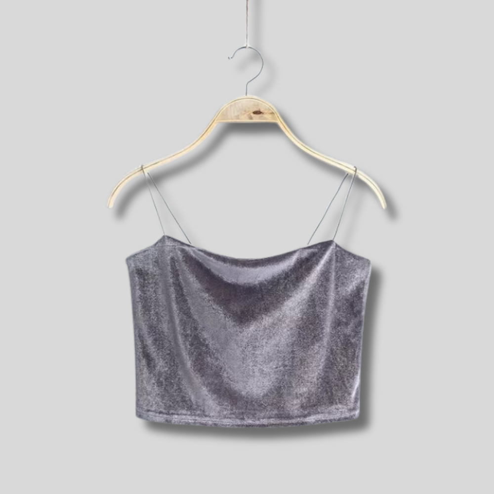 "Stylish pink velvet cropped tank top with delicate spaghetti straps – soft, trendy, and perfect for any occasion."