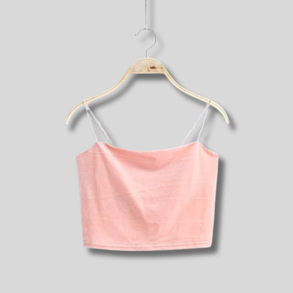 "Stylish pink velvet cropped tank top with delicate spaghetti straps – soft, trendy, and perfect for any occasion."
